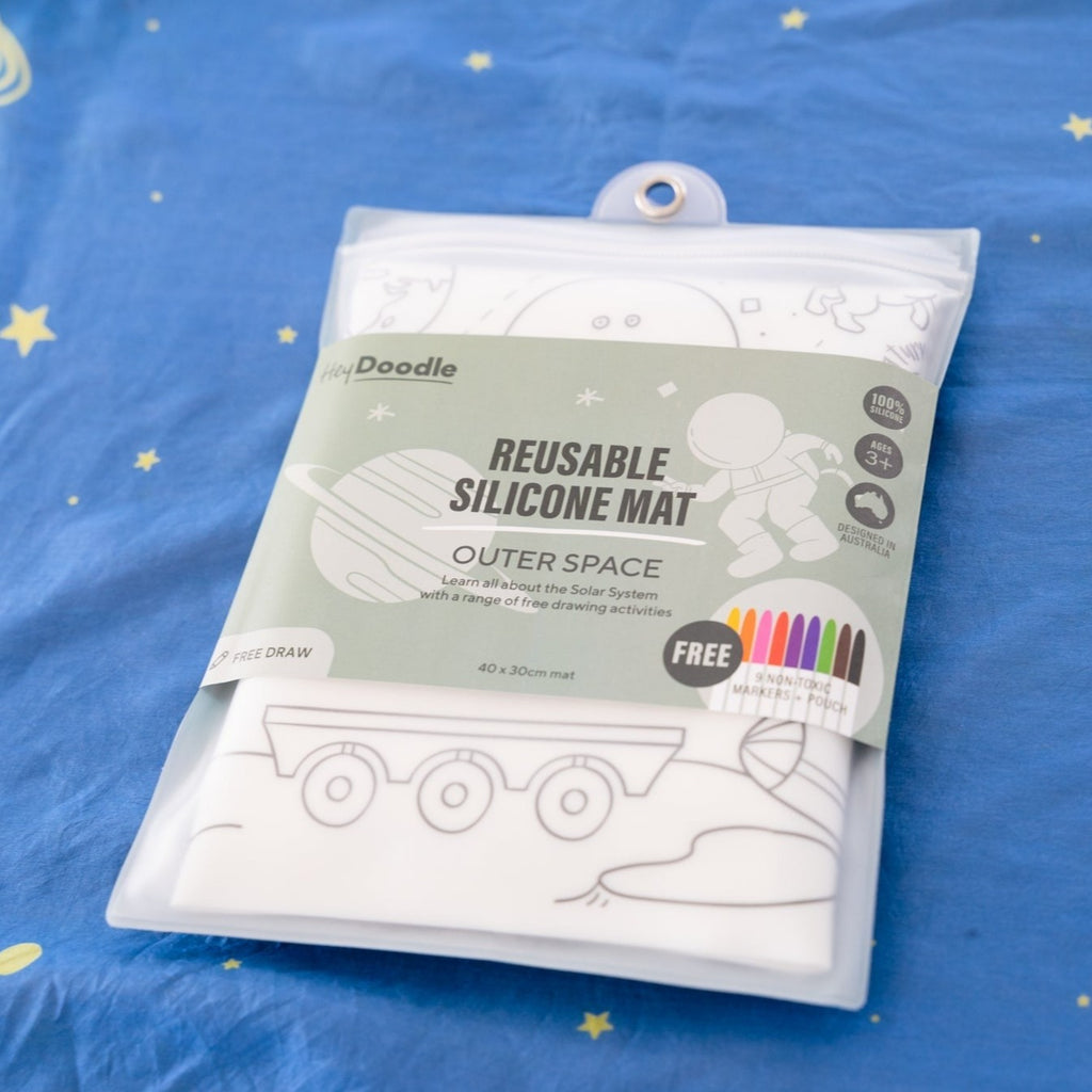 Hey Doodel Outer Space Reusable silicone mat in pack