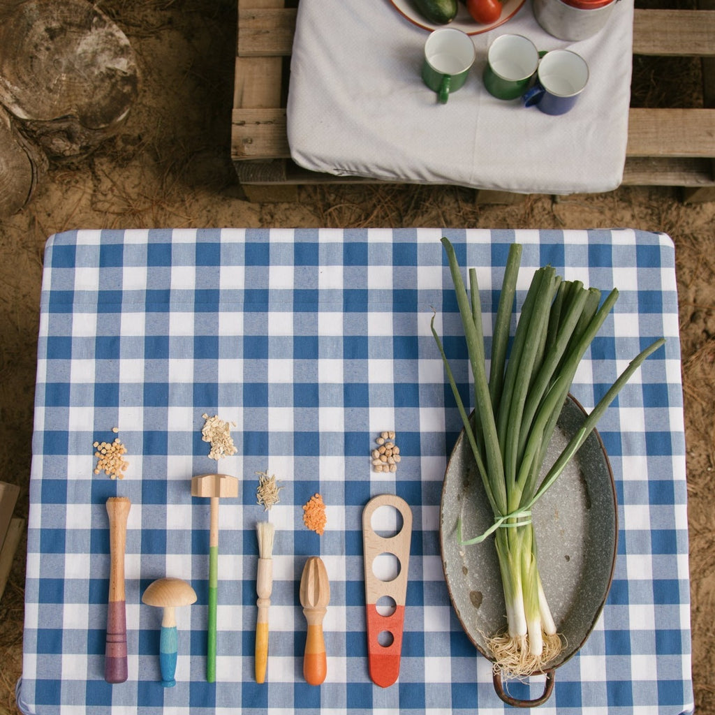 Grapat tools - wooden fine motor tools displayed on a table with gingham blue tablecloth with spring onions on a tin tray