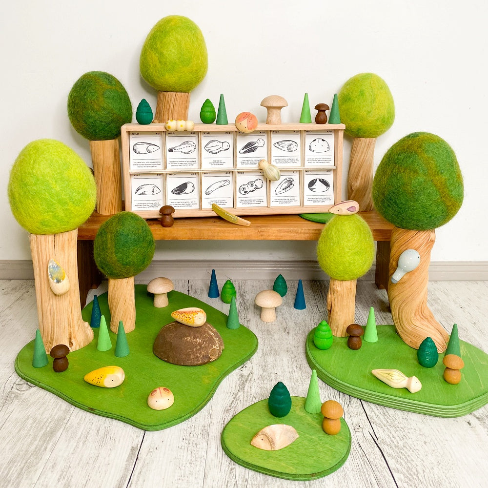 Grapat Wild wooden toy set for 2022 on display with Let them play toys and Papoose felt toys