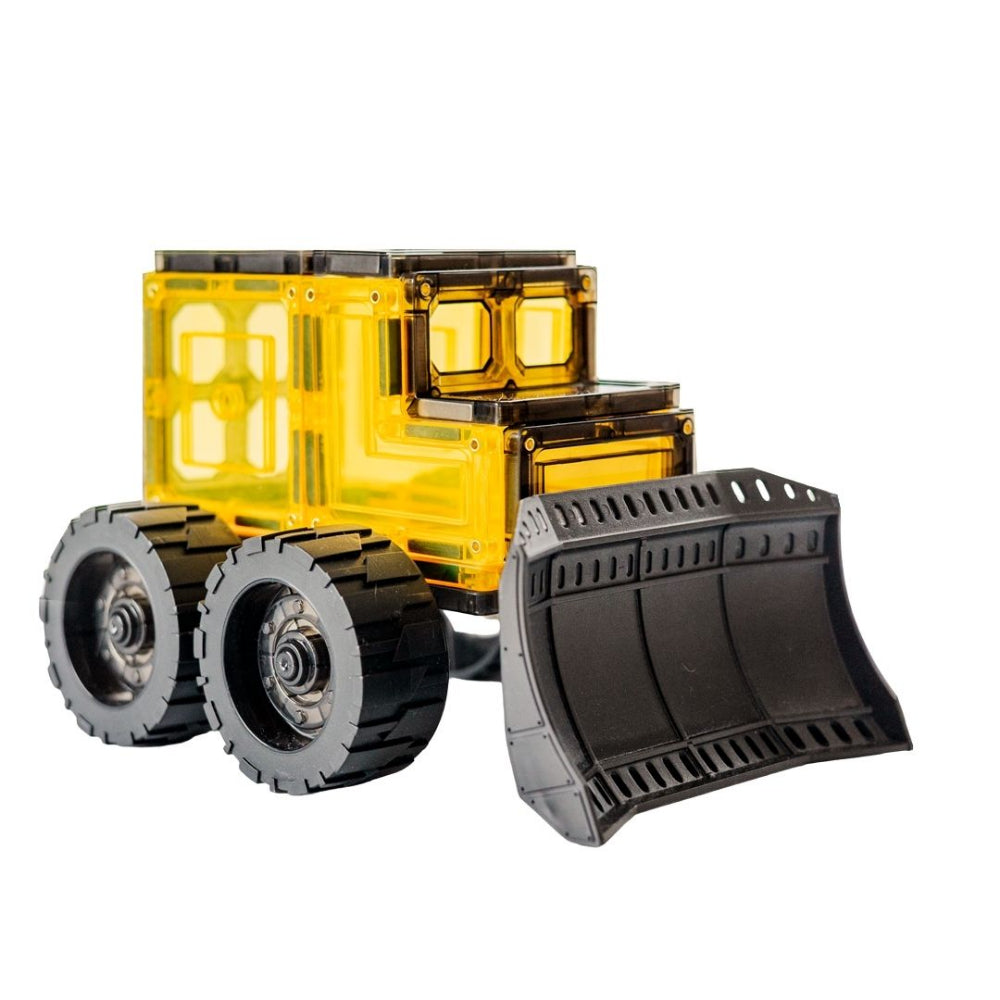 Magnetic tile bulldozer with yellow body and black front loader on a white background