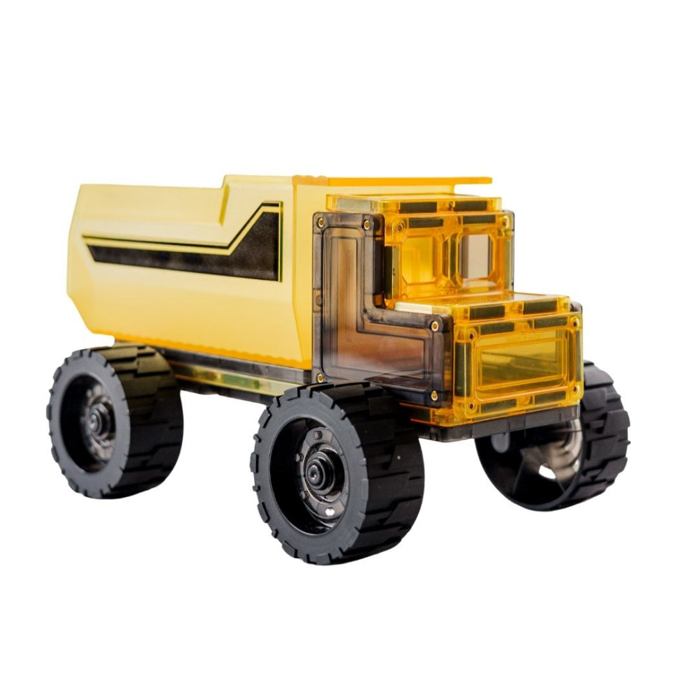 Magnetic tile dump truck with yellow body and black wheels on a white background