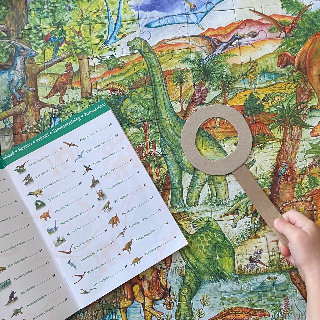 Djeco dinosaur observation puzzle and looking for dinosaurs with looking glass
