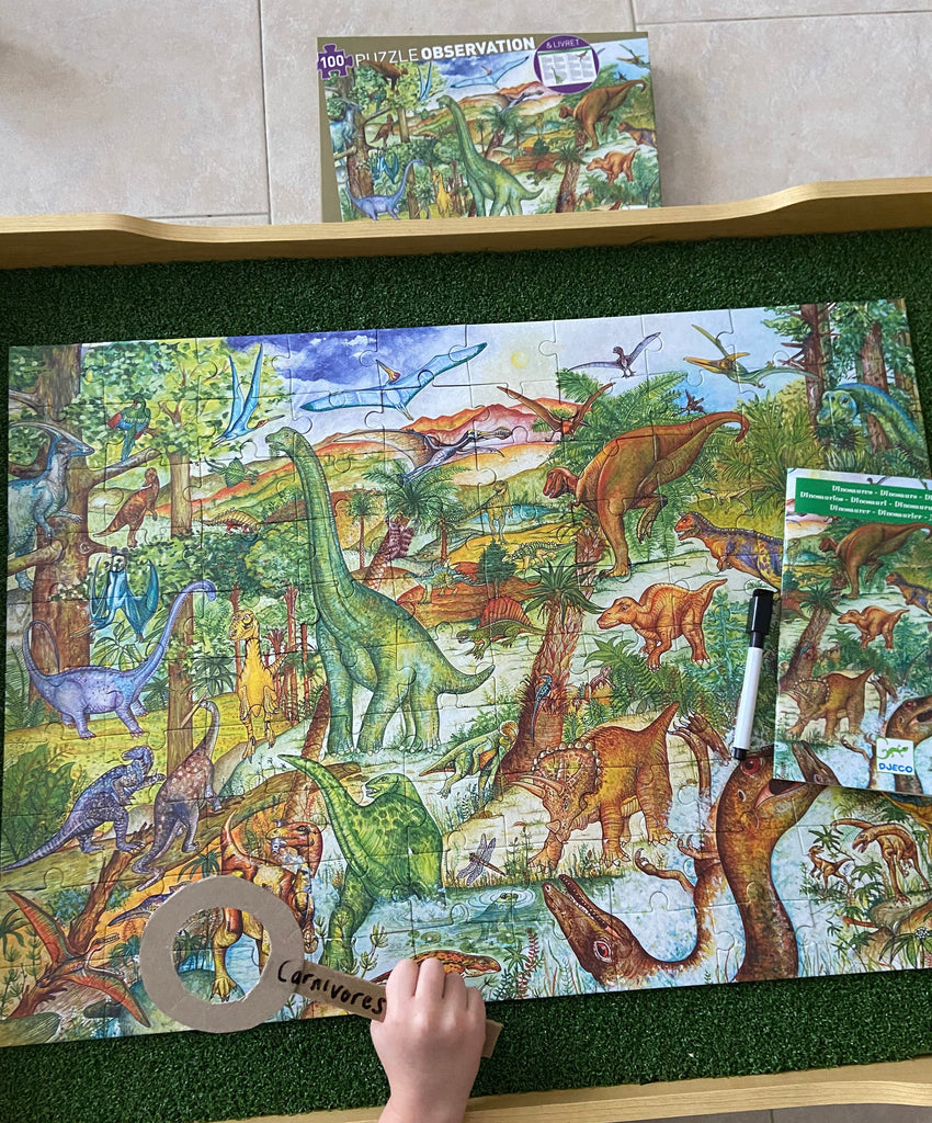 Djeco dinosaur observation puzzle and looking for carnivores