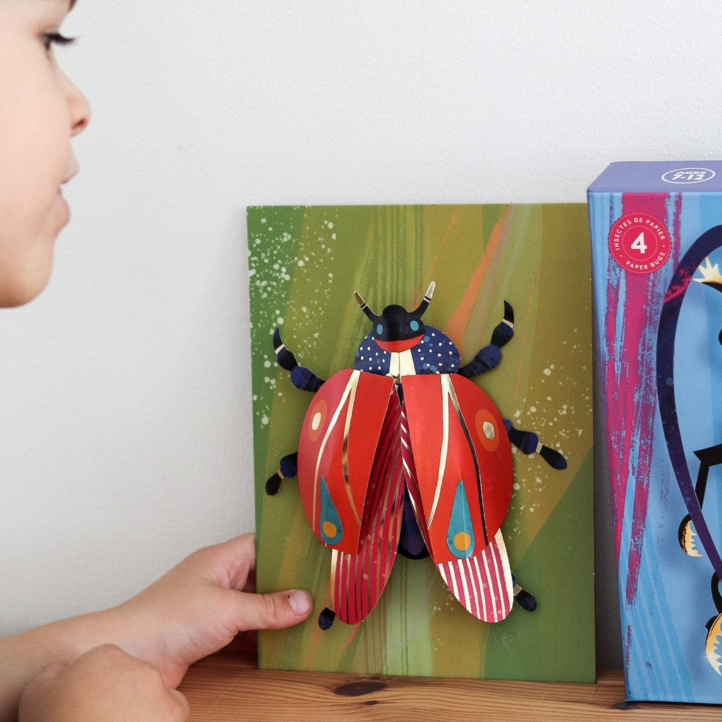 Child holding 3d bug art from Djeco on shelf