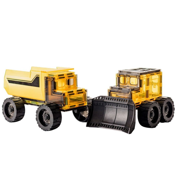Toy construction vehicle set with yellow dump truck and black bulldozer on a white background