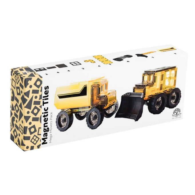 Box of magnetic tiles with construction vehicle called mega movers on a white background