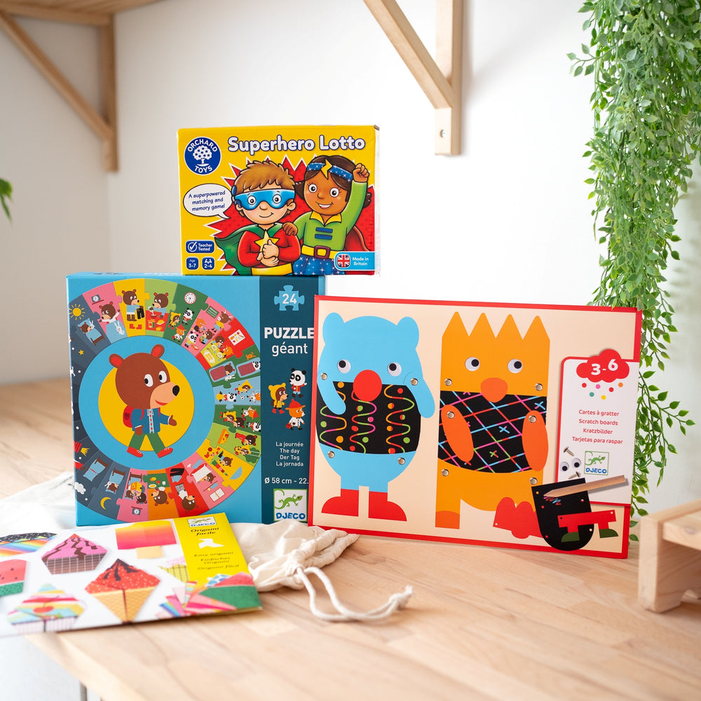 All creative toys set up on shelf from The Creative Toy Shop play box subscription for August 2020