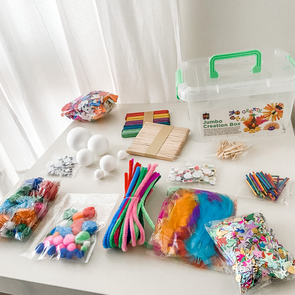 Contents of the Jumbo Creations Craft Box displayed on a table