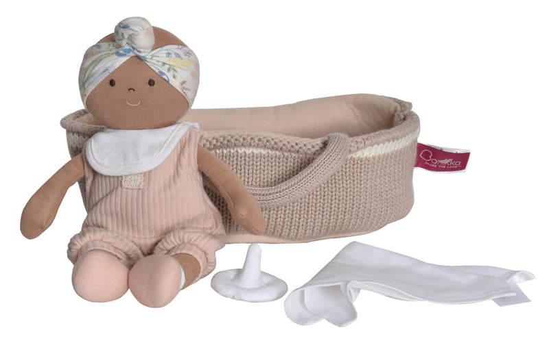 Bonikka - Pink Outfitted - Soft Baby Doll In Knitted Carry Cot