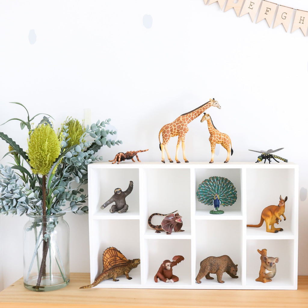 CollectA animals displayed in white shelf in kids playroom with rattan mushroom house and abc bunting
