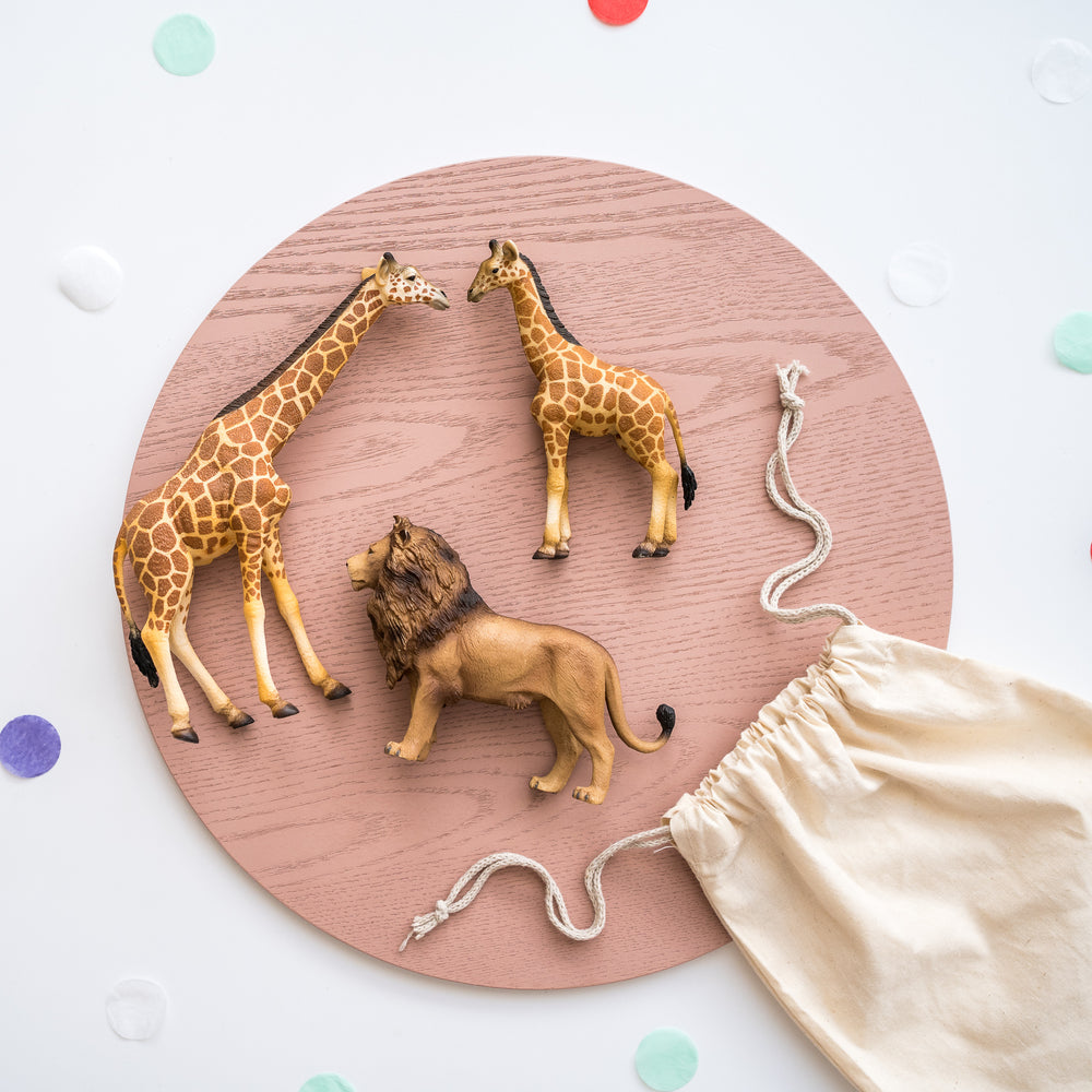 CollectA Animal Subscription Box displayed on wooden circle featuring a lion and two giraffes and a small drawstring bag