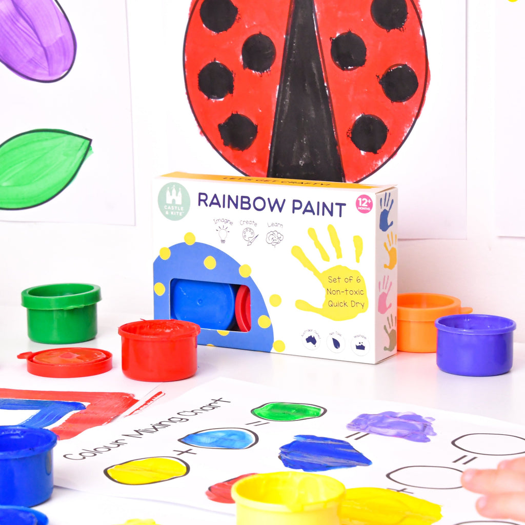 Non toxic rainbow paint for kids displayed with art work
