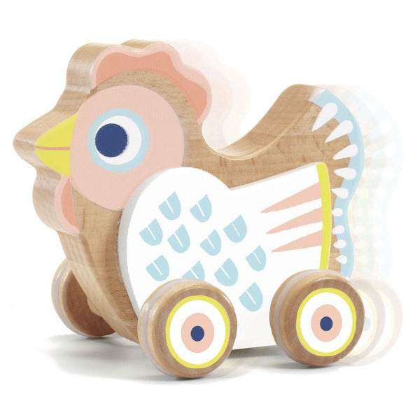 Djeco - Baby Sing - Wooden Push Hen on Wheels