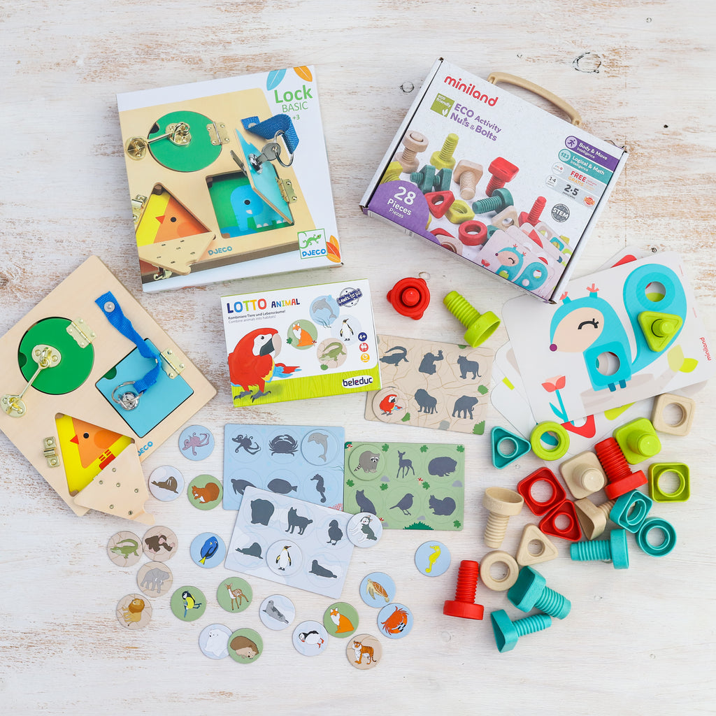 Toys spread out from February 2021  Play Subscription box from The Creative Toy Shop