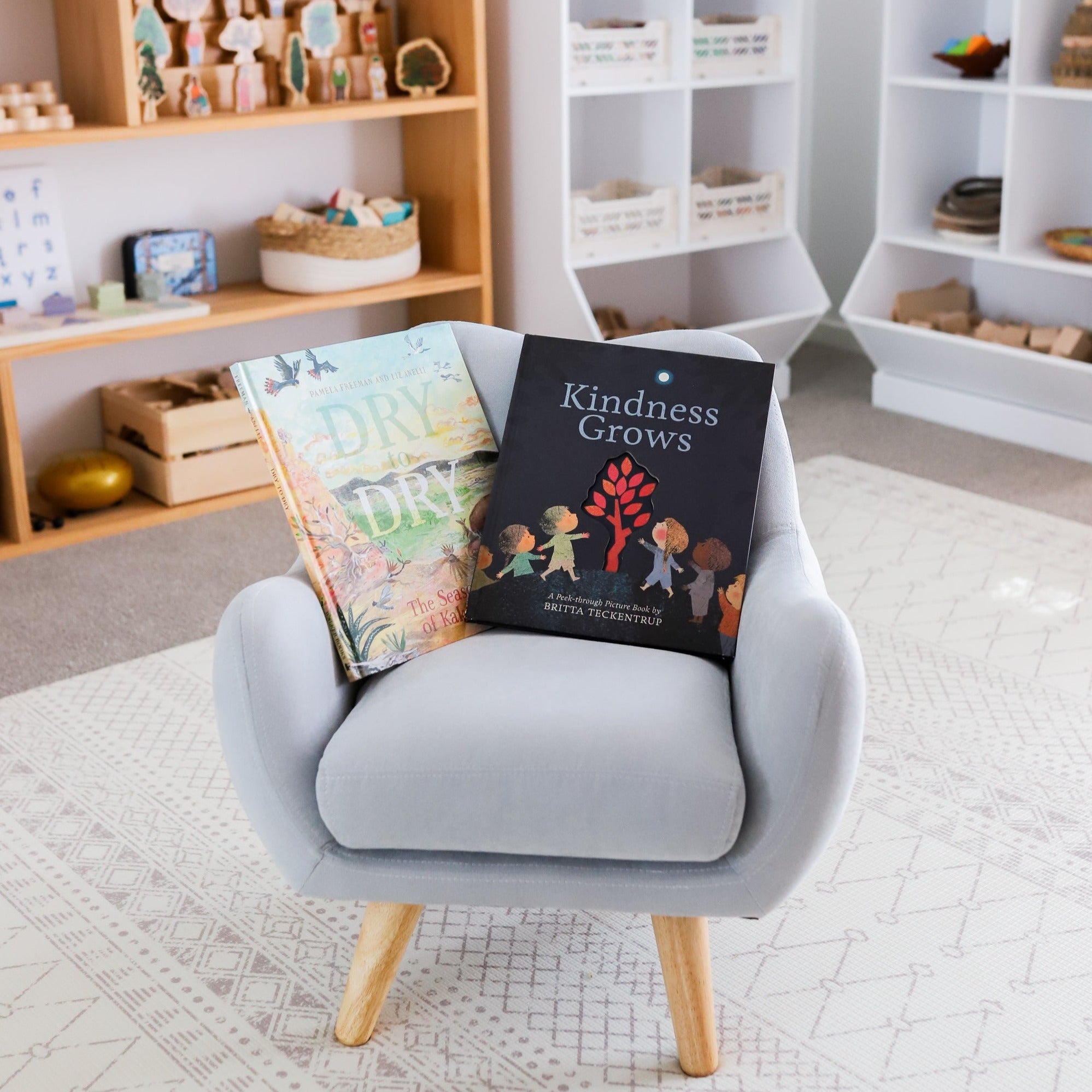 books from the family box displayed on comfy chair in play room