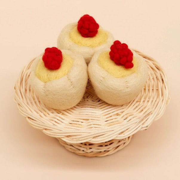 Felt Food Juni Moon Lemon Tarts - set of 3 on a rattan display plate