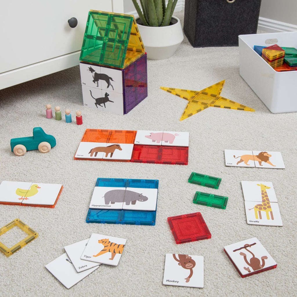 Duo Animal puzzle pack tile toppers displayed on the floor of a kids room