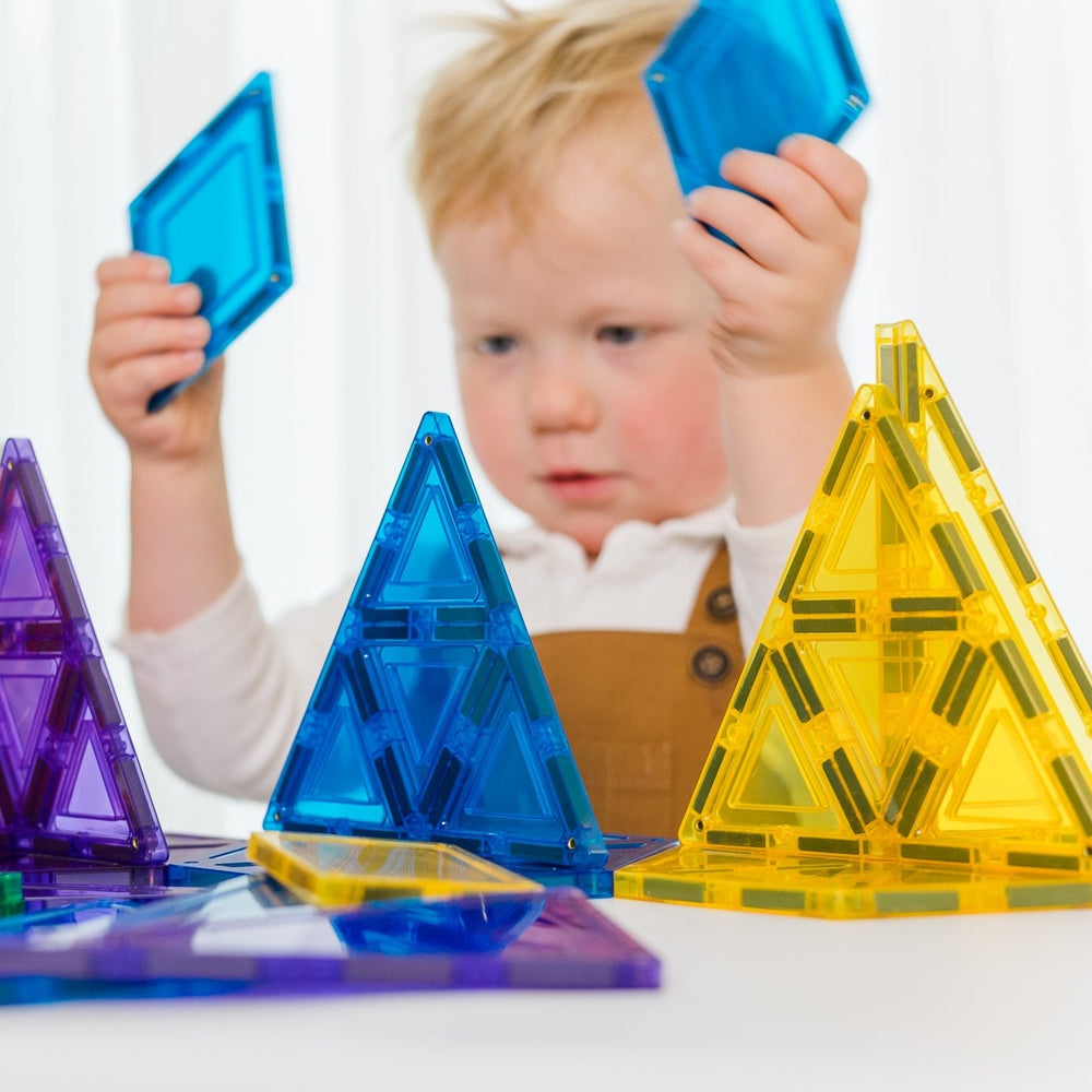 36 pc geometry magnetic tile pack being played with by a young child
