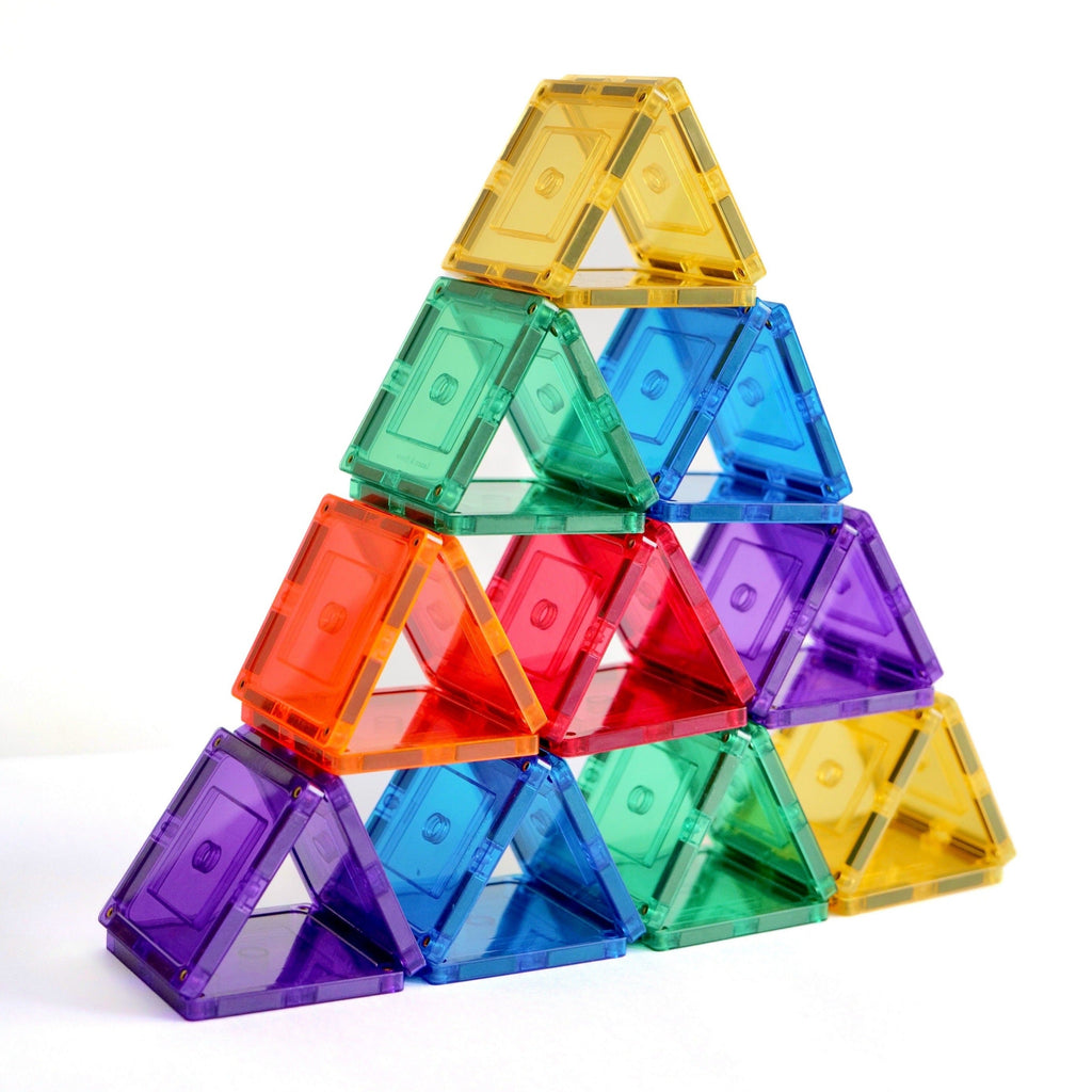 36 piece small square pack of magnetic tiles stacked as a triangle