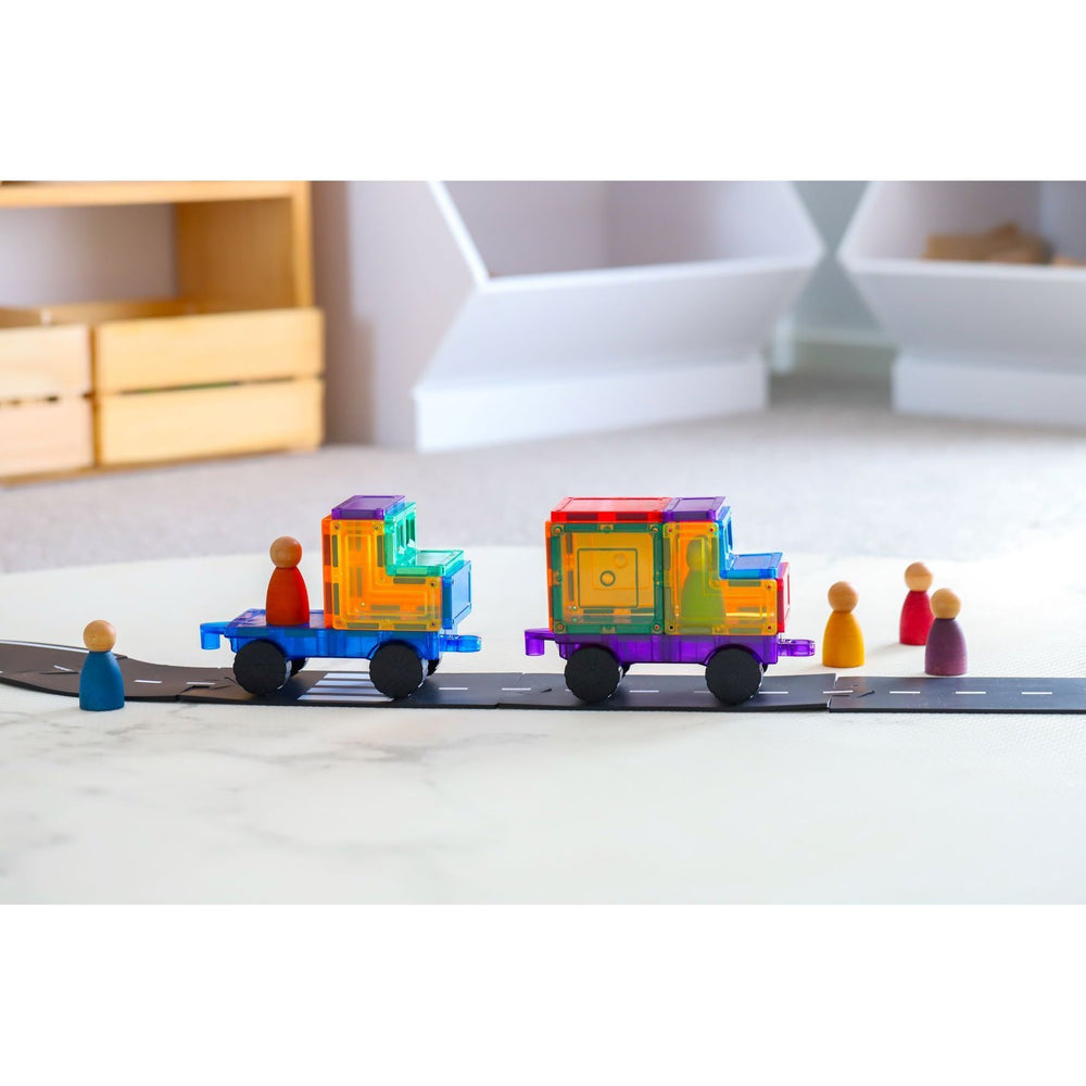 Brightly coloured magnetic cars and trucks from new Learn and Grow car pack with way to play road track in a kids playroom