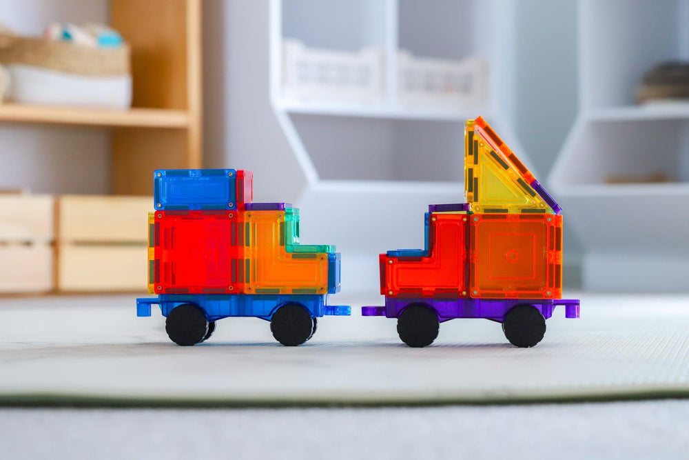 Brightly coloured magnetic cars and trucks from new Learn and Grow car pack 