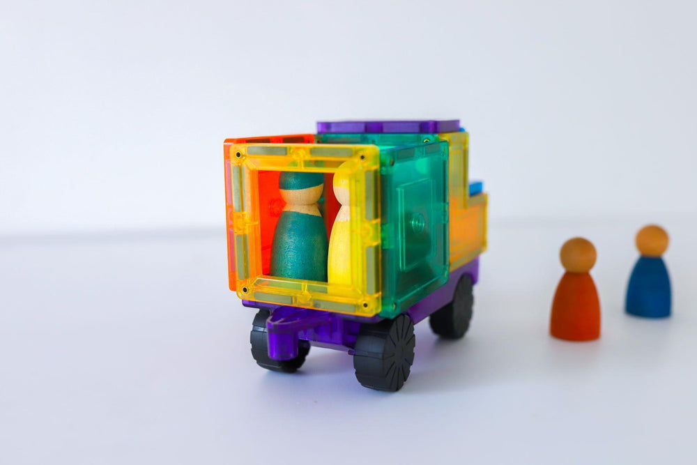 Brightly coloured magnetic tow truck from new Learn and Grow car pack with wooden peg people from Grimms