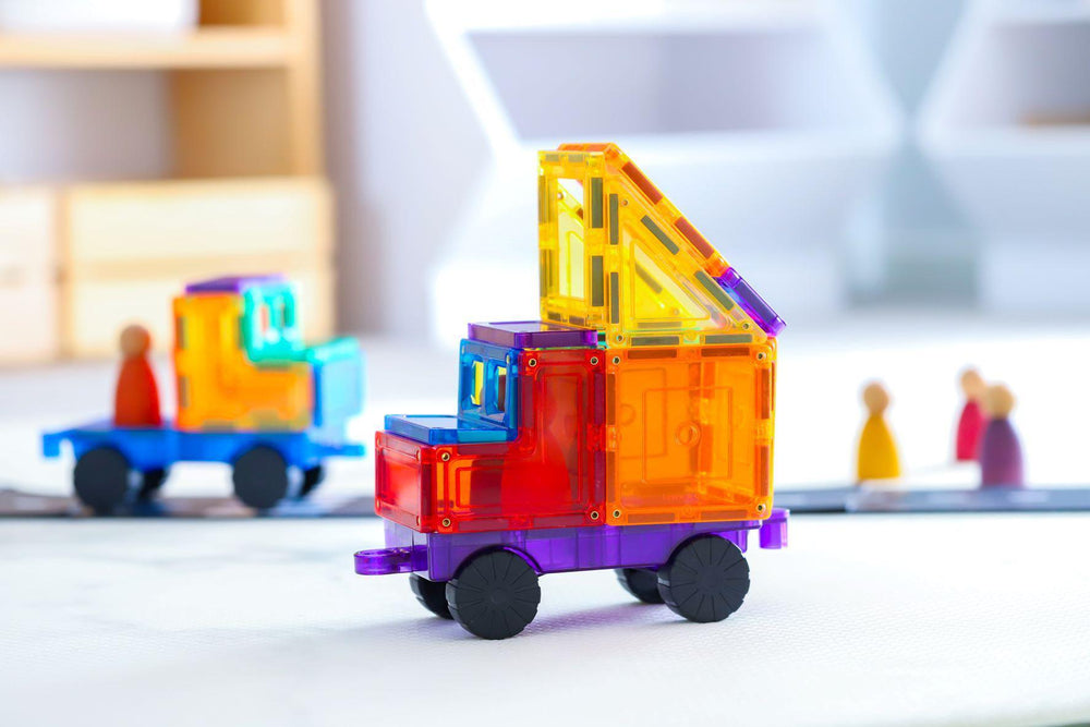 Brightly coloured magnetic cars and trucks from new Learn and Grow car pack 