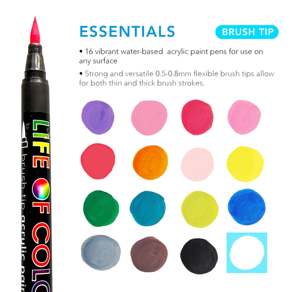 Life of Colour - Essential Colours Brush Tip Acrylic Paint Pens - Set of 16