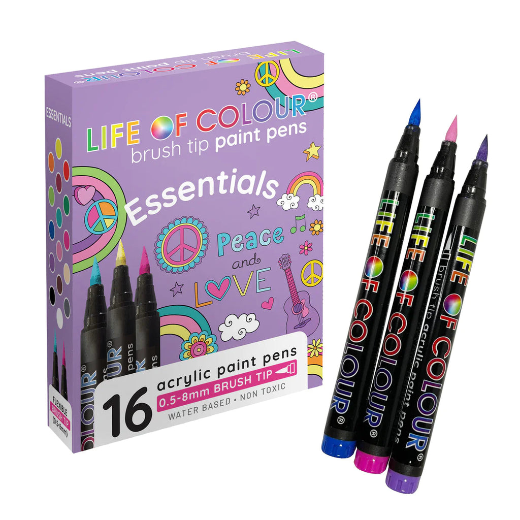 Life of Colour - Essential Colours Brush Tip Acrylic Paint Pens - Set of 16