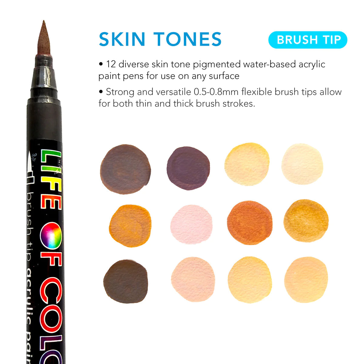 Essential Colours Brush Tip Acrylic Paint Pens - Set of 16 - Life