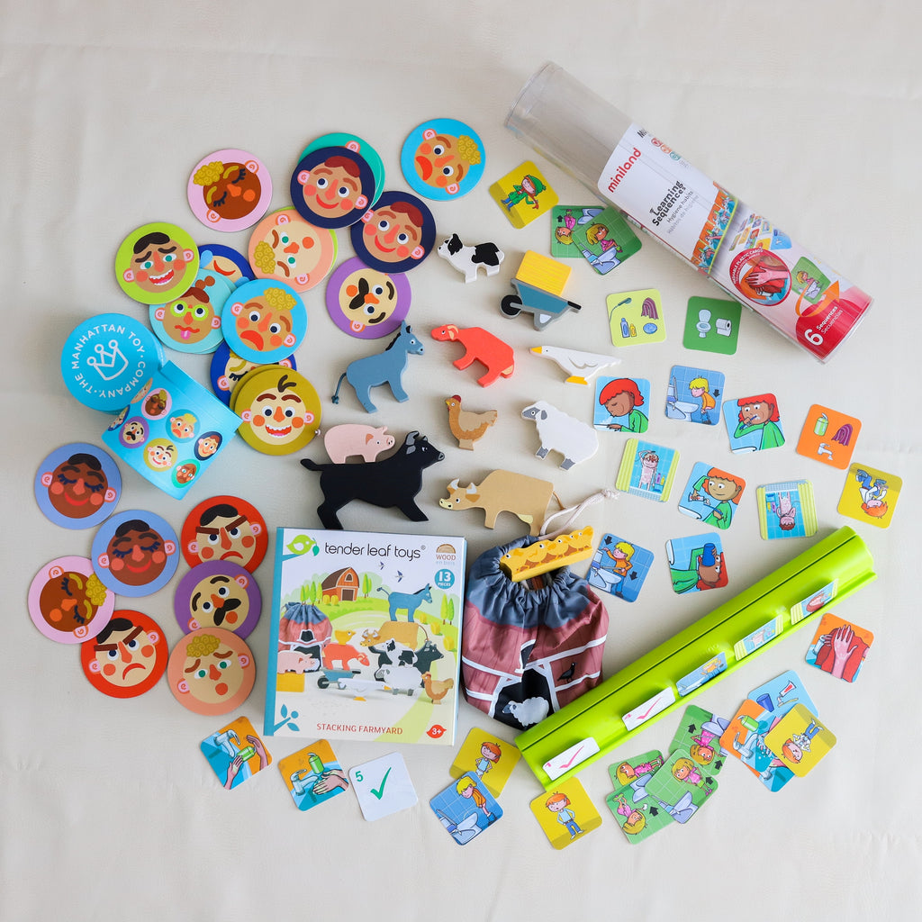 Wooden and Creative Toys spread out from May 2021 Play Subscription box from The Creative Toy Shop