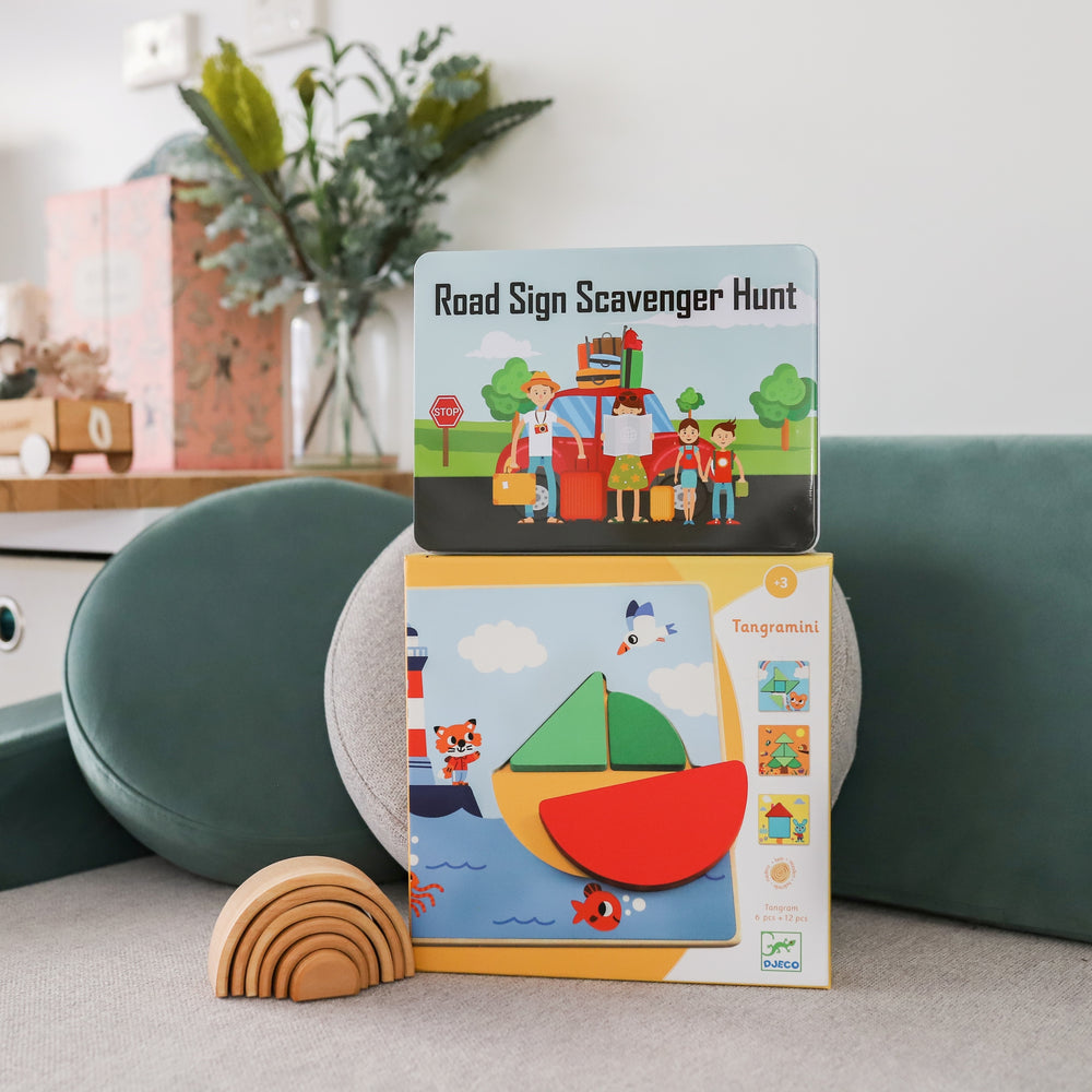 Creative toys included in play subscription box June 2021. Set up on couch