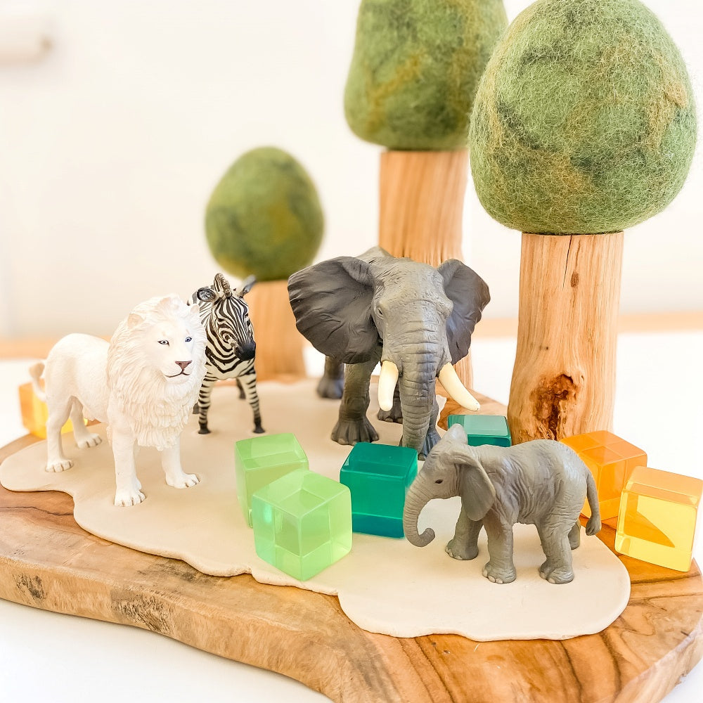 Safari themed collecta animals with lucite cubes and felt trees