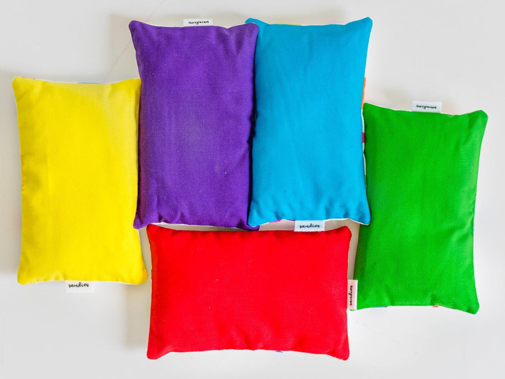 Flatlay image of Sandies Sandbags in rainbow