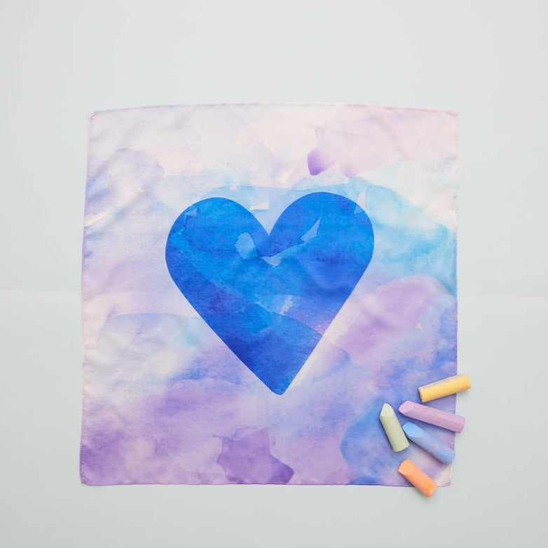 Sarah's Silks Mini Heart Blue Playsilk with different coloured chalk in corner