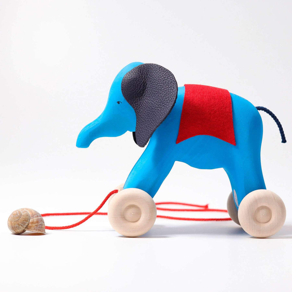 Grimm's Pull Along Blue Handcarved Elephant - Grimm's Spiel and Holz Design - The Creative Toy Shop