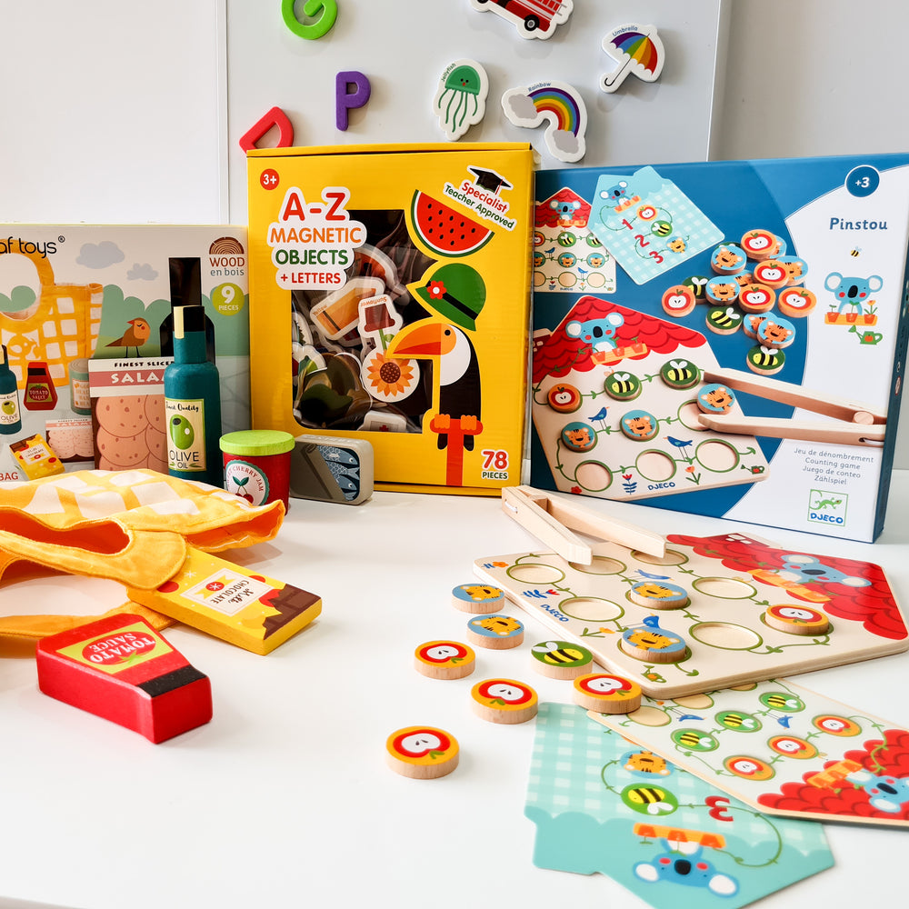 All creative toys spread out on floor from The Creative Toy Shop play box subscription
